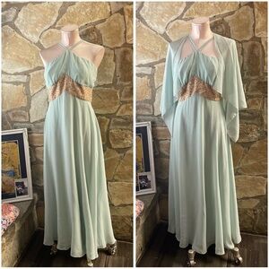 Elegant Mint Green Maxi Dress with Embellished Waist